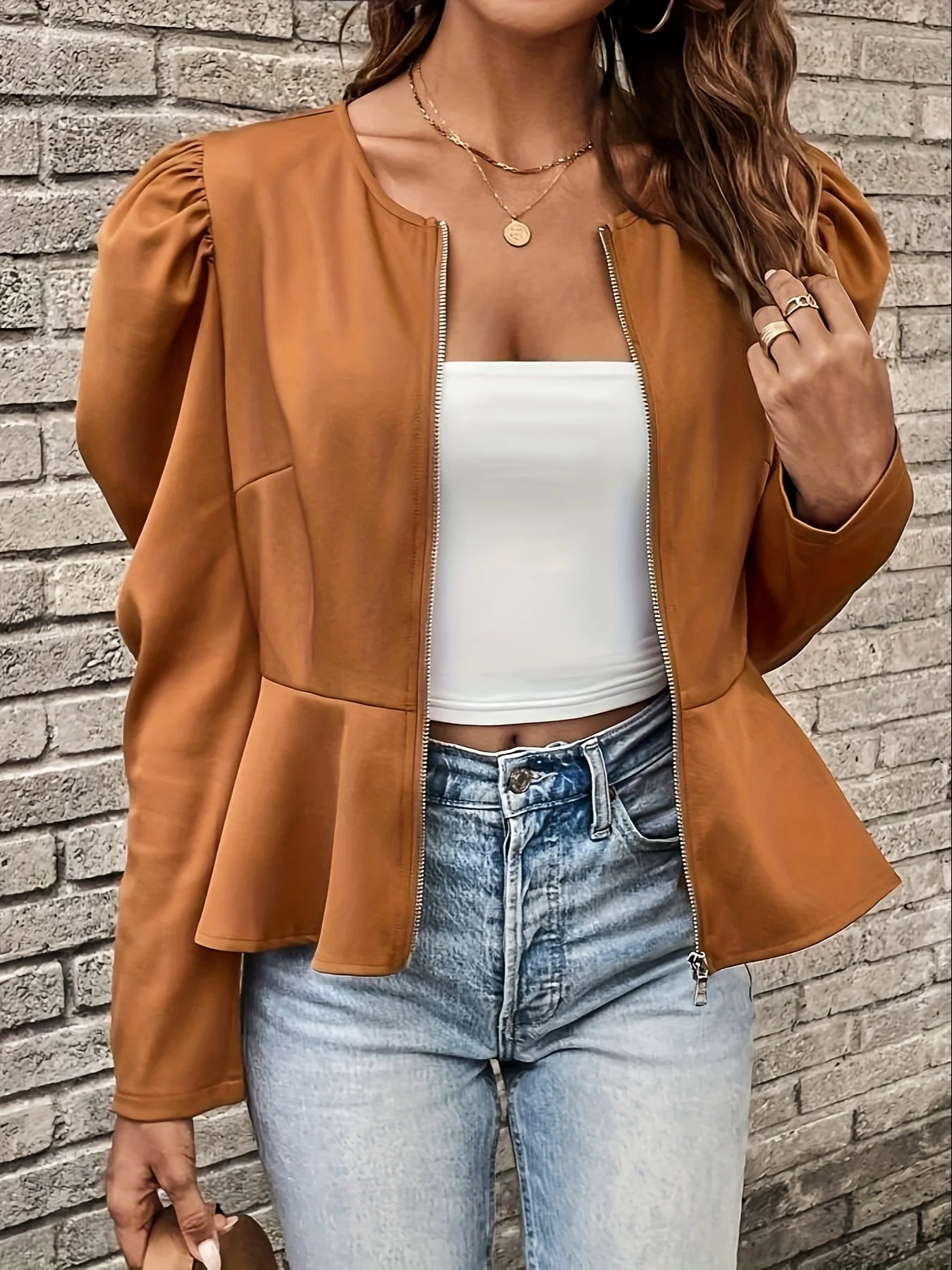 

Ladies' fashionable round neck slim fit top with folded long sleeves, access control zipper cardigan, short jacket