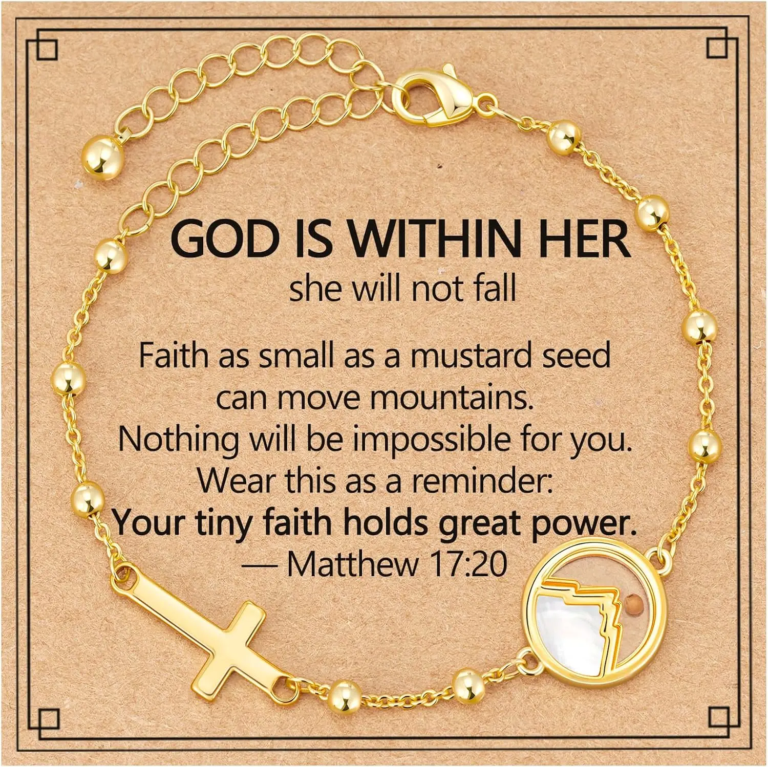 Pulsera con Cruz de Semillas de Mostaza para Mujer, Regalo de Joyería Religiosa Católica para Primera Comunión, Confirmación, Bautismo, 6+2 Pulgadas