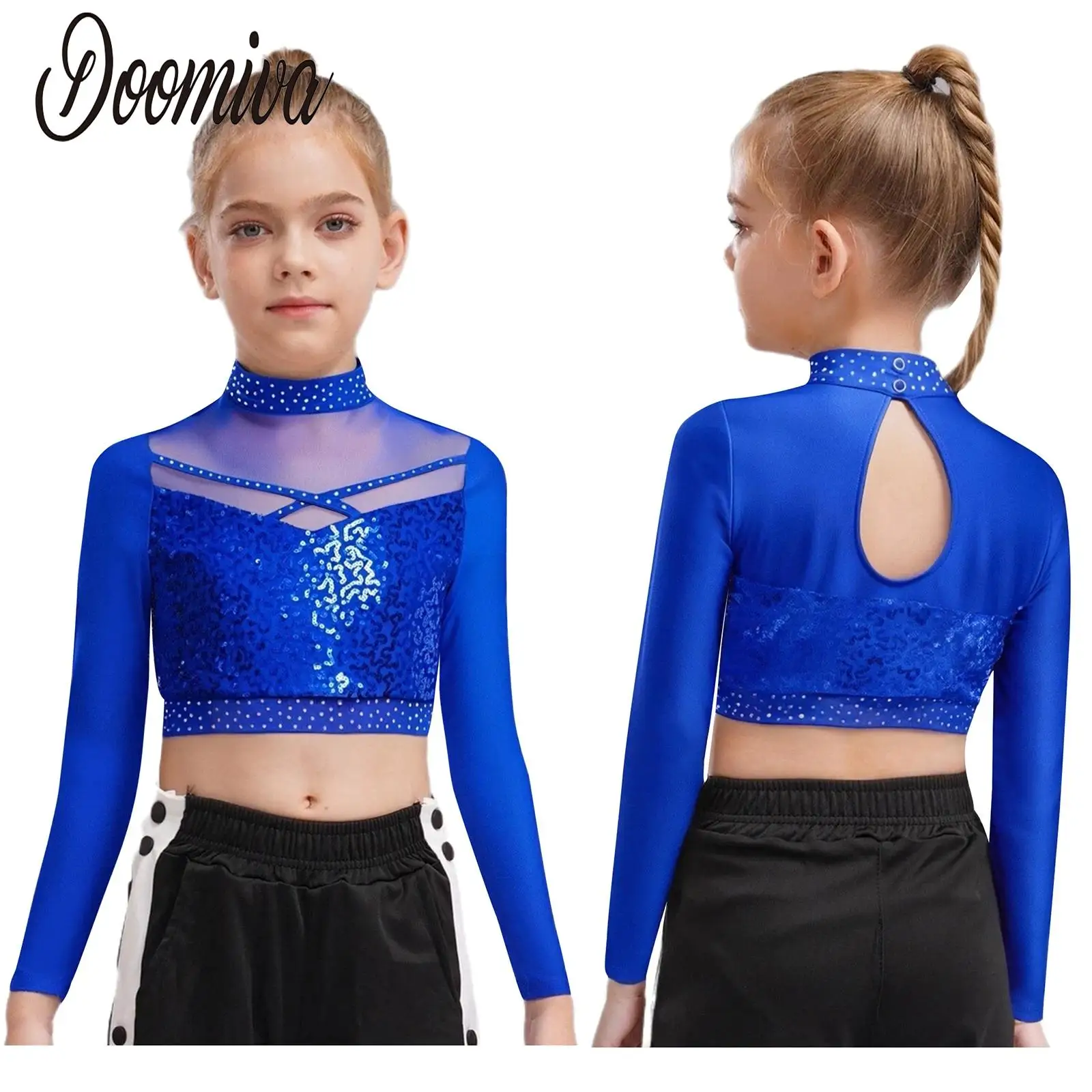 

Kid Girls Jazz Dance Performance Costume Figure Skating Tango Modern Dancewea Long Sleeve Sheer Mesh Patchwork Sequins Crop Top