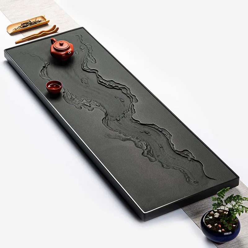 ^Black Stone Tea Tray Serving Hospitality Dining Rectangle Living Room Tableware Office Tea Tray Luxury Bandejas Home Products