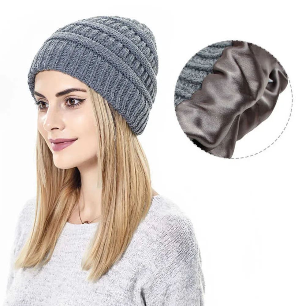 

Women Slouchy Hats Wool Chunky Knitted Winter Beanies Hats Faux Fur Skull Cap Silk Satin Lined Beanie Hat Smooth Satin Hat Men