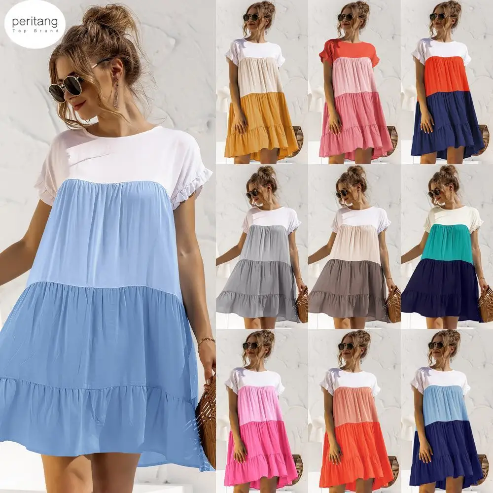 Summer Dress Loose Party O-Neck Ruffled Short Sleeve Casual Women Fashion Cupcake Dresses Vestido Playa Mujer Female