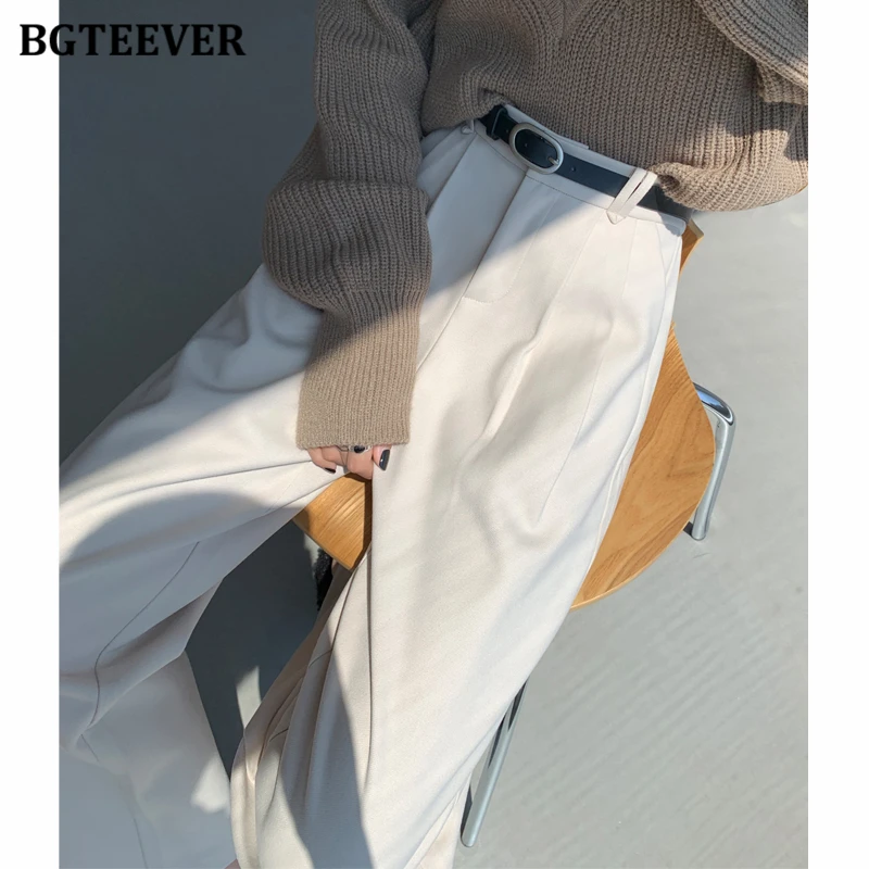 BGTEEVER Casual hoge taille dames rechte wollen broek herfst winter dikker warme losse zakken vrouwelijke harembroek met riem