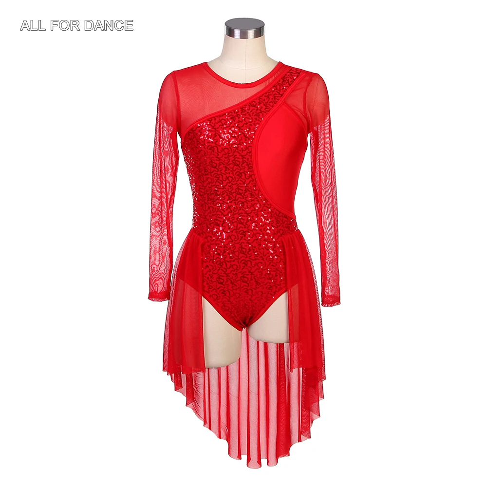 

22079 Long Sleeves Red Sequin and Mesh Dress for Adult Girls Lyrical Dancewear Contemporary Dance Costume Stage Wear