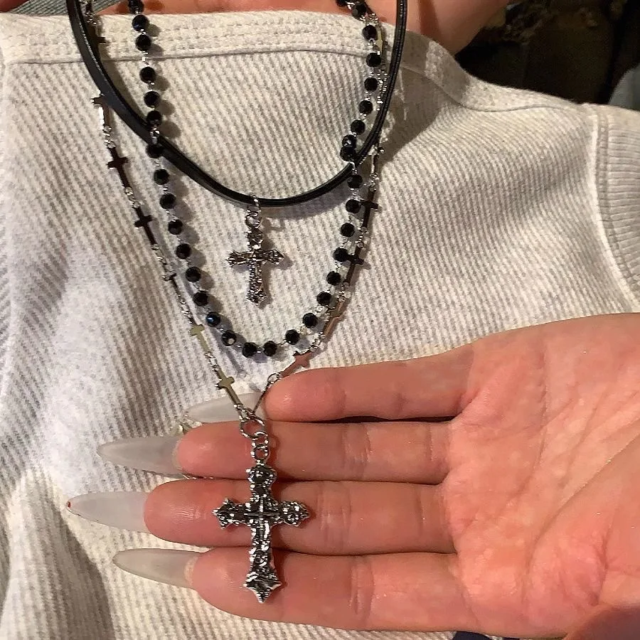 Fashion Punk Cross Pendant Necklace For Women Men Lovers Vintage Multi Layer Bead Necklaces 90s EMO Charm Jewelry Gift