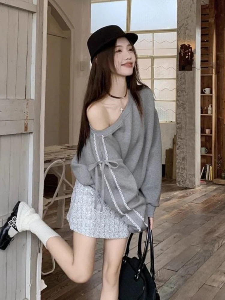 

Y2k Aesthetic Lace Letter Hoodie Women's Skew Collar Lace Up Streetwear Hoody Harajuku Vintage Oversized Stripe Long Sleeve Tops