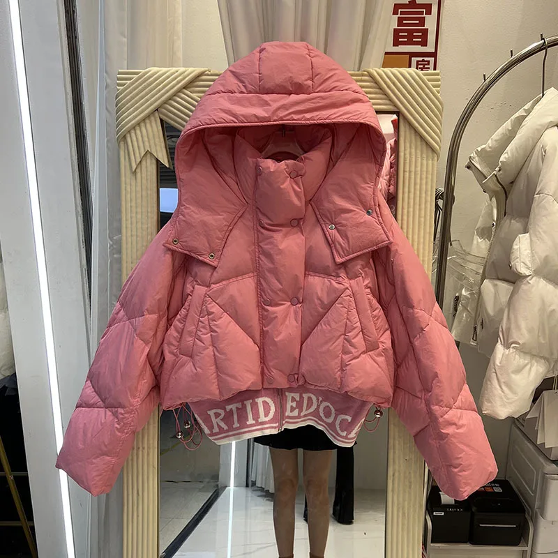 White Duck Down Jacket for Women Autumn Winter 2023 New Fashion Casual Long Sleeve Loose Jacket Chic Vintage Hooded Coats