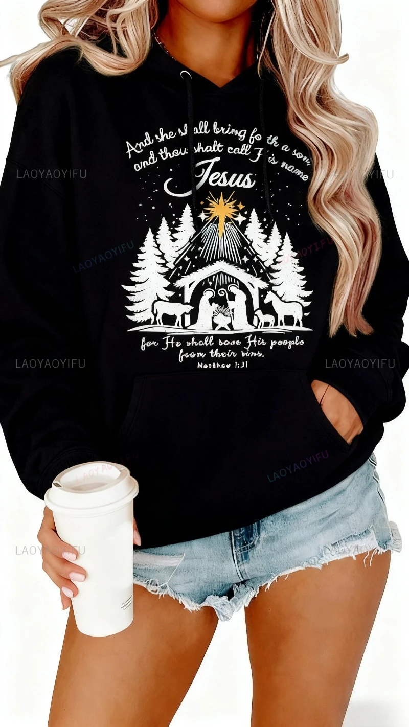 Jesus Christmas Sweatshirts Women Christian Christmas Hoodie Religious Jumper Bible Verse Pullover Jesus Xmas Sweater Shirt