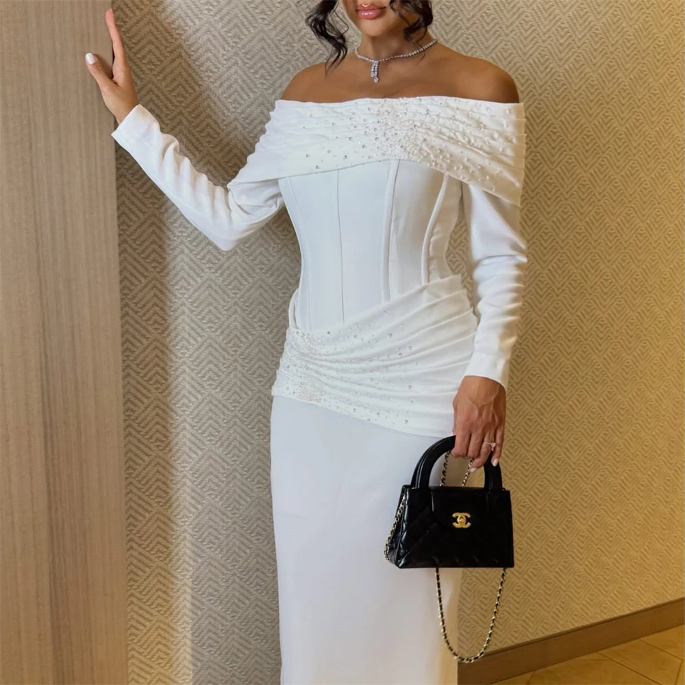 

Customized Simple White Jersey Evening Dresses Formal Long Sleeves Homecoming Dresses Temperament Special Occasion Gowns