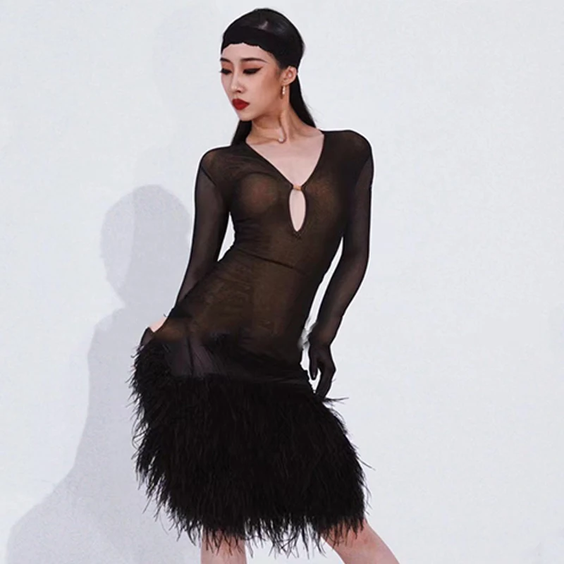 

Платье для латинских танцев со страусиными перьями, женское сексуальное сетчатое черное, фиолетовое, компактная одежда, костюм для выступлений ча-ча-румбы DNV18644