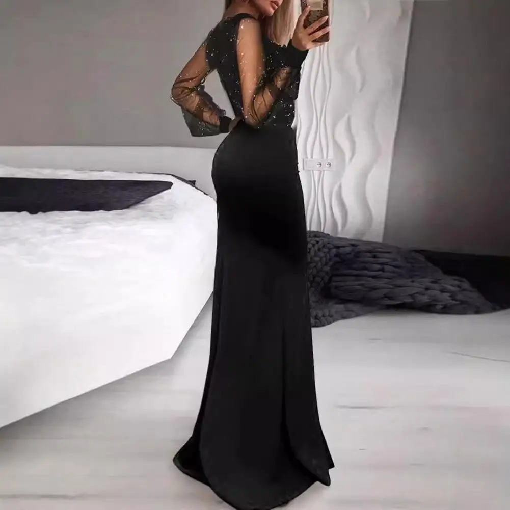 Mesh Sequin Long Dress Elegant Sequin Bodycon Maxi Dress with Mesh Detailing Glitter Sheer Long Sleeve Cocktail Party for Women
