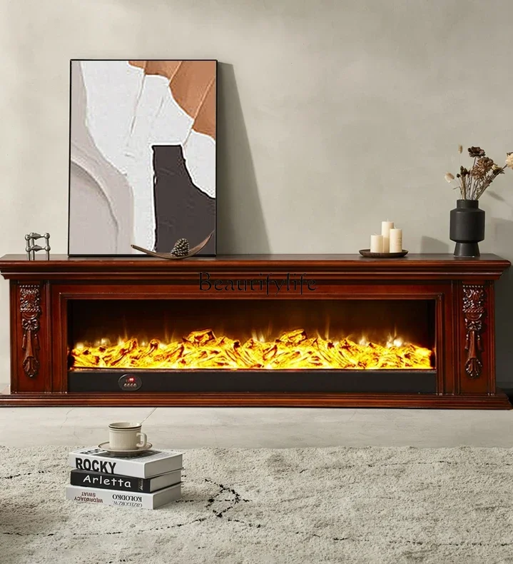 02Electric fireplace decoration simple European solid wood American simulation fake fireplace TV cabinet