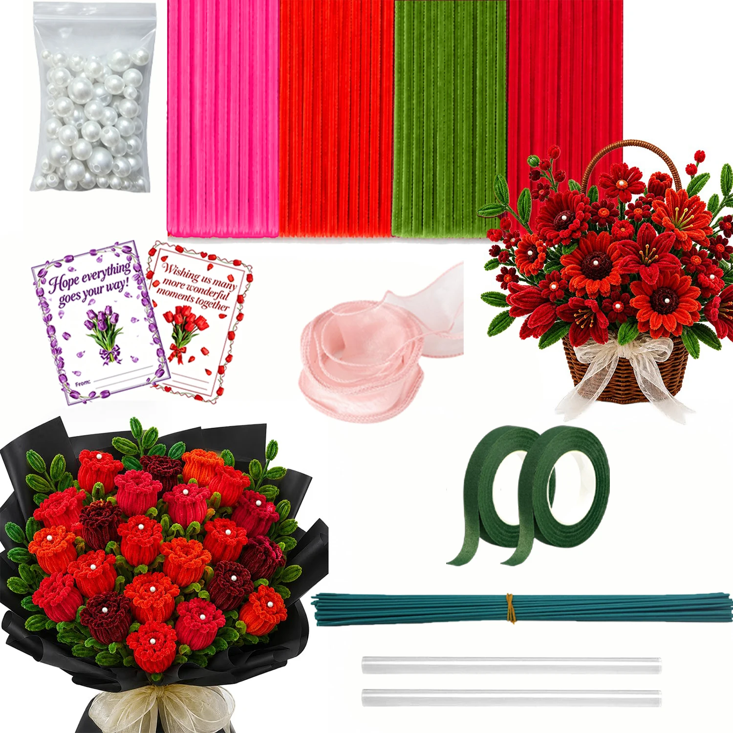 100/222/441 Pcs Red‑Tone Pipe Cleaner Flower Bouquet Set, Chenille Sticks For Festival Layout, Party & Home Decor