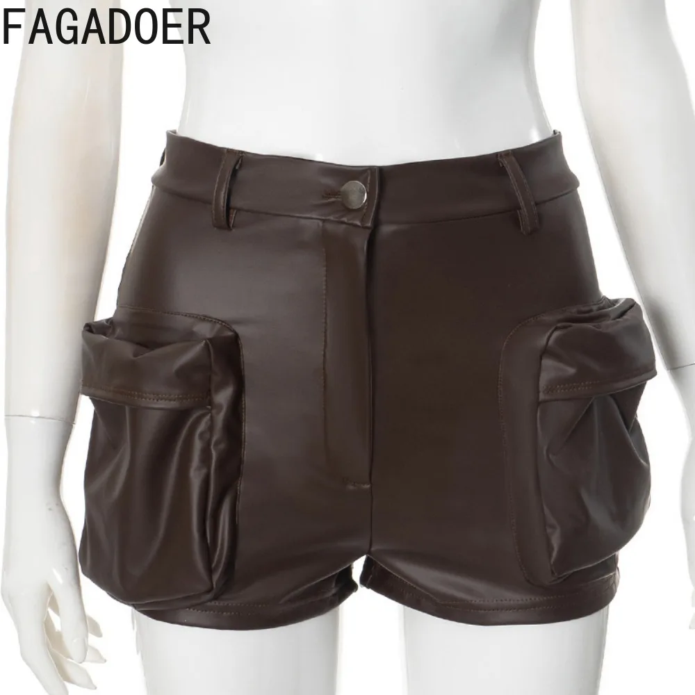 FAGADOER Fashion PU Leather Pocket Irregular Cargo Shorts Women High Waist Button Design Slim Shorts Female Solid Color Bottoms