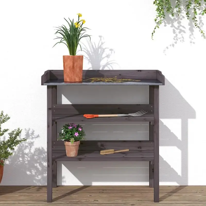 Table à plantes avec étagères grises 78x38x82,5 cm, structure en bois d'épinette, étagère flottante robuste et durable pour la maison, Coupe du Monde