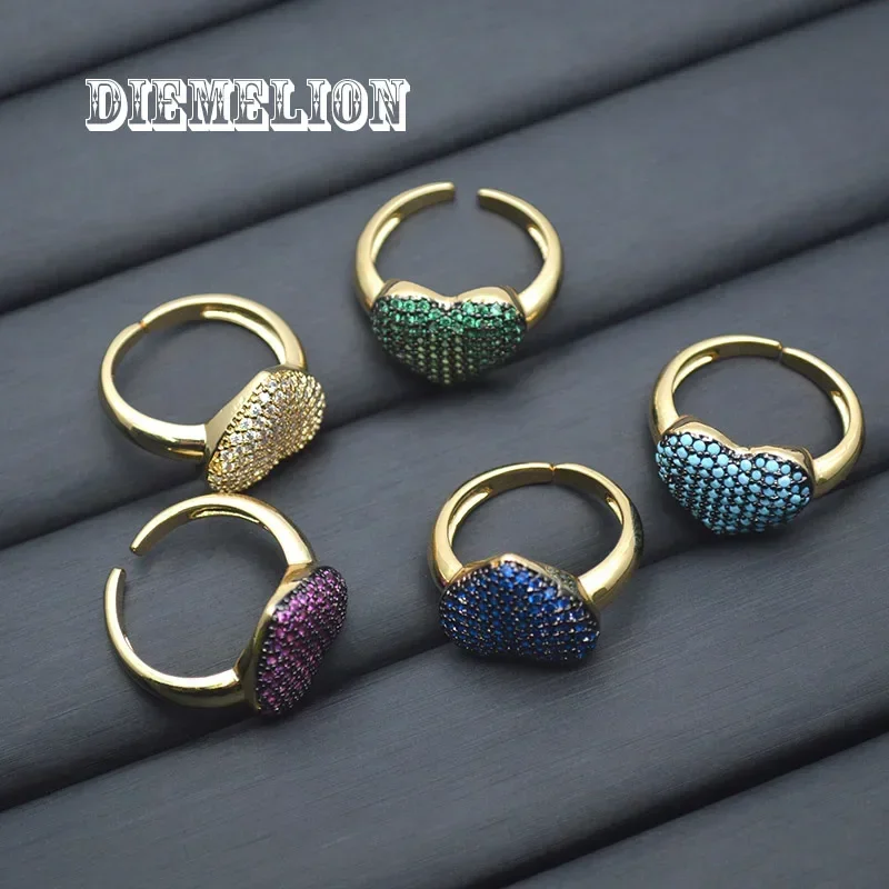 Full Micro Paved Colorful CZ Heart Rings for Women Gold/Silver Plated Adjustable Wedding Bands Girlfriend Valentines Jewelry