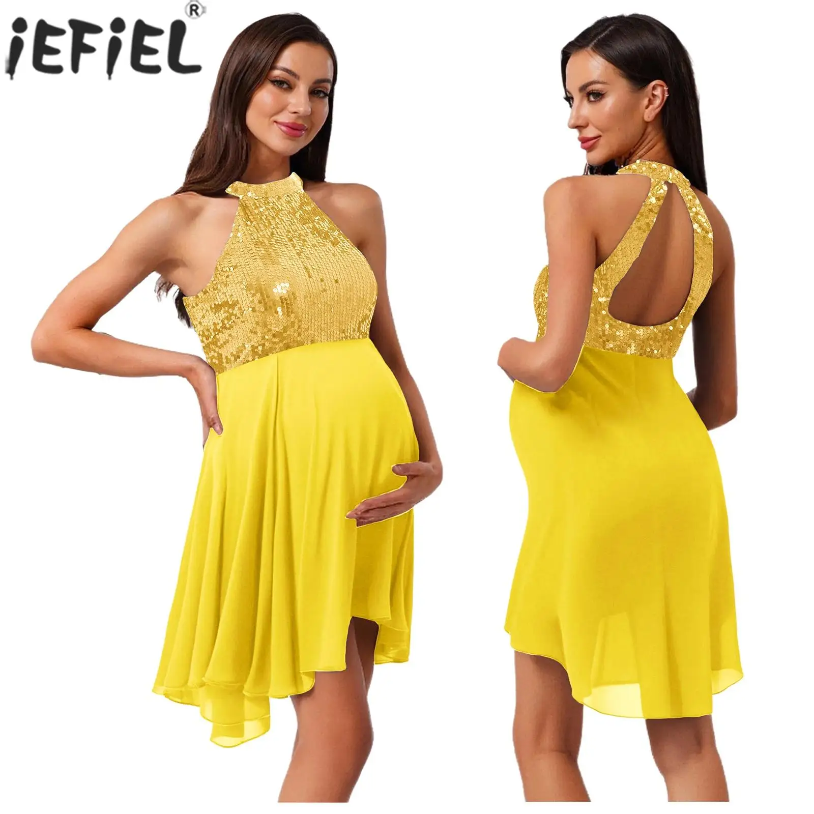 

Pregnant Women Birthday Wedding Banquet Photography Party Dress Maternity Halter Sleeveless Backless Shiny Sequin Chiffon Gown