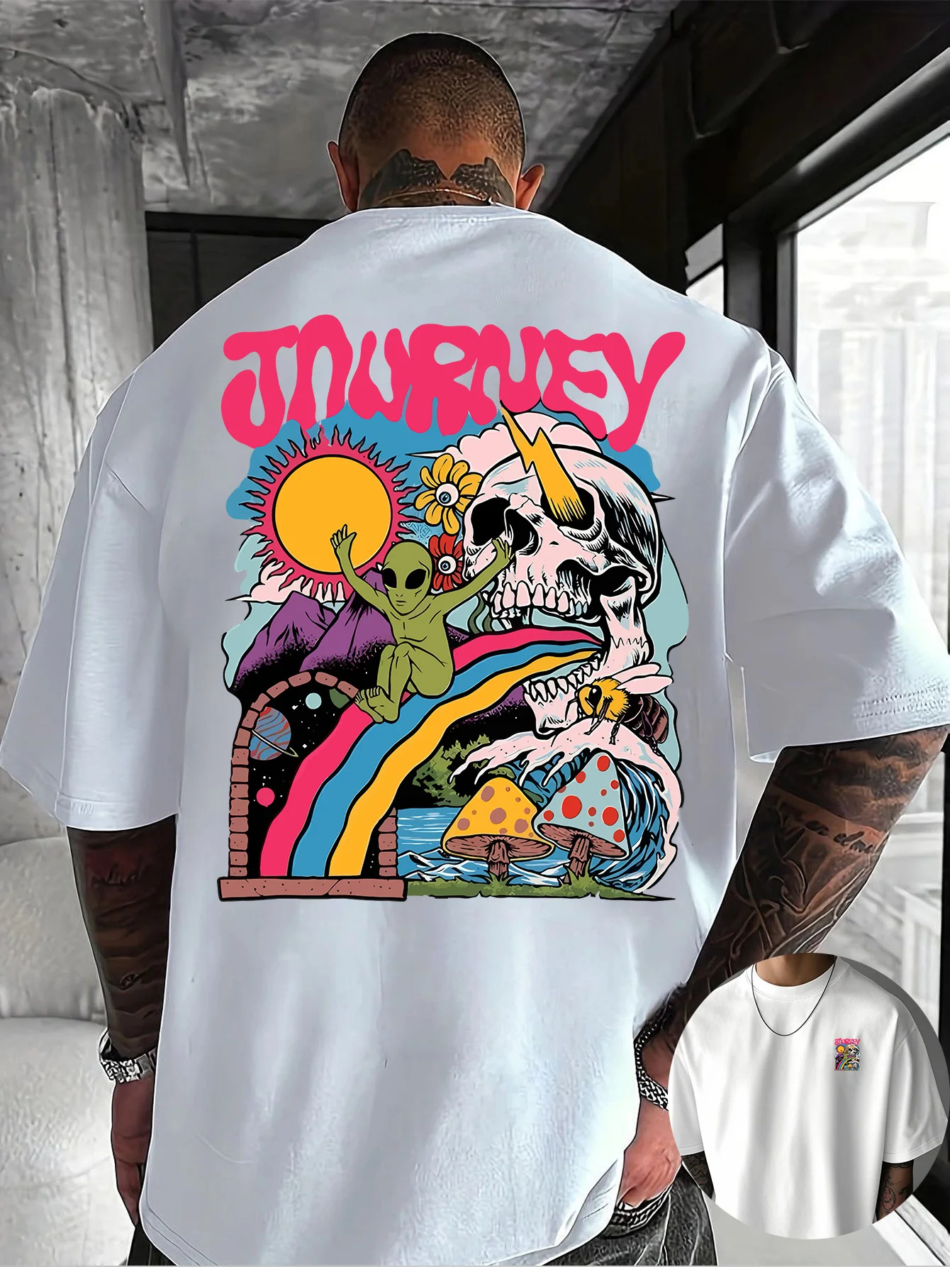 Psychedelischer Alien-Schädel-Print auf hochwertigem 100% Baumwoll-T-Shirt für Herren, perfekt für den Sommer, Retro-Streetwear. – Detail 4