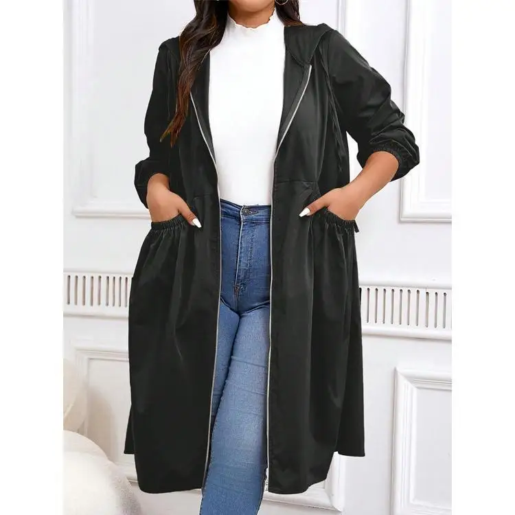 FINJANI plus Size Hooded Jacket Drawstring Zip up Winter Outerwear for Pear Shaped Women Big Size Ladies Fashion