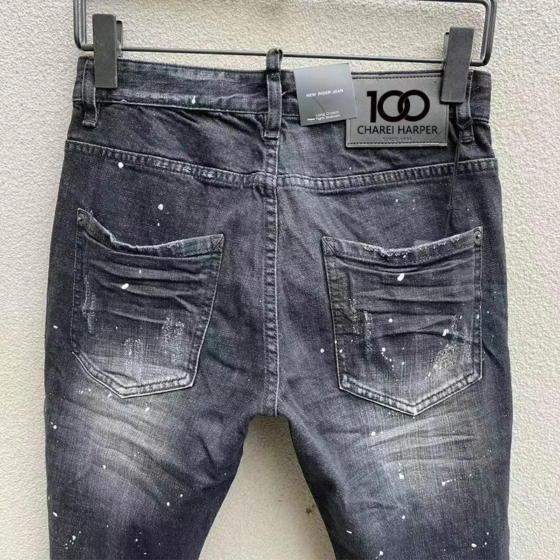 Chareiharper-Jeans de Cintura Média Masculina Ripped, Calças de Pés Slim Trend Paint, adorno suspenso, moda, 100, C051