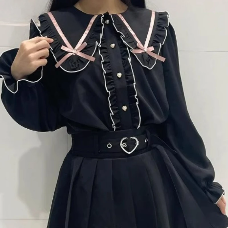 Kemeja Lucu Ruffles Pita Kerah Angkatan Laut Elegan Lengan Panjang Jepang Baru 2025 Atasan Hitam Longgar Serbaguna Pengurang Usia Anak Perempuan Manis