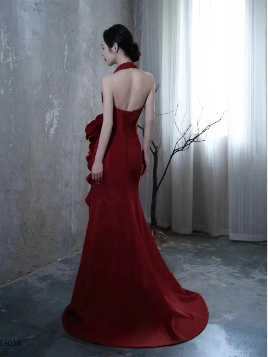 

Socialite style burgundy temperament halter neck bride wedding toast suit slit dressing gown dress