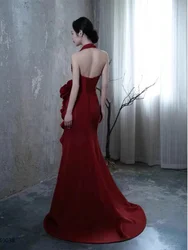 Socialite style burgundy temperament halter neck bride wedding toast suit slit dressing gown dress