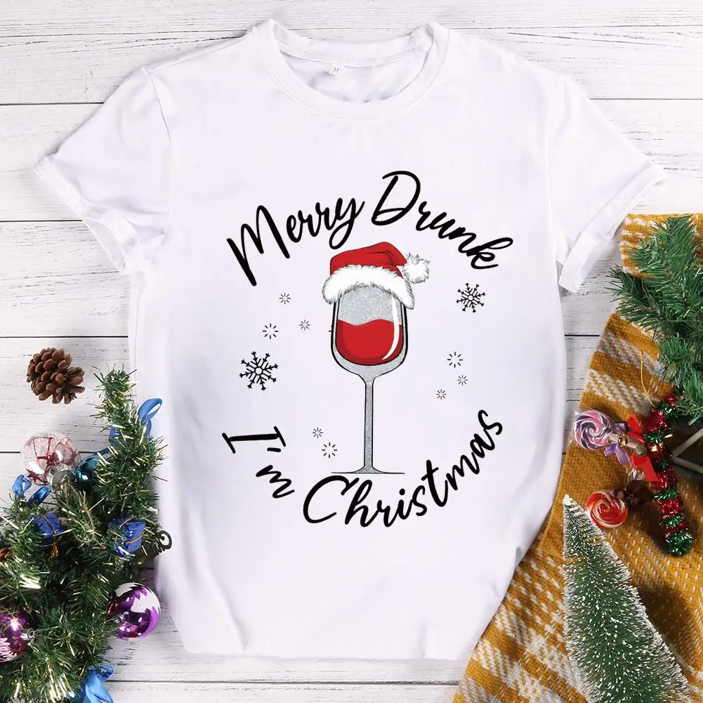 

White Christmas T-shirt O Neck Women Men Short Sleeve Tops Drinks Elk Snowman Flamingo Tees