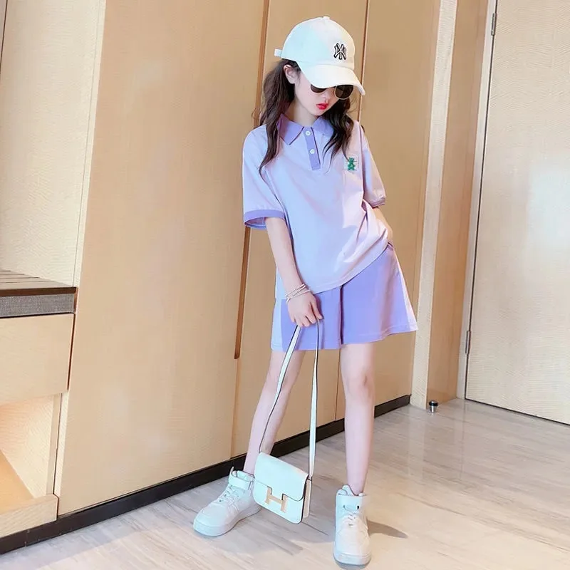 

Girls Teen Summer Sports Suit Polo Shirt Short Sleeve + Loose Casual Shorts College Style Two-piece Set Children's Sets