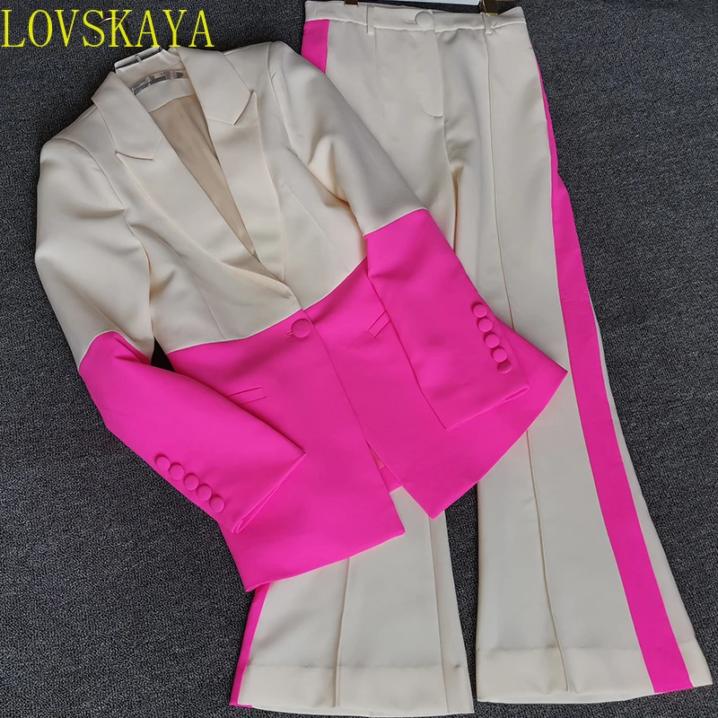 Suit Pants Set, Two-piece Office Women\'s Color Matching Business Single Button Open Front Pants, Formal Suit Pants Set