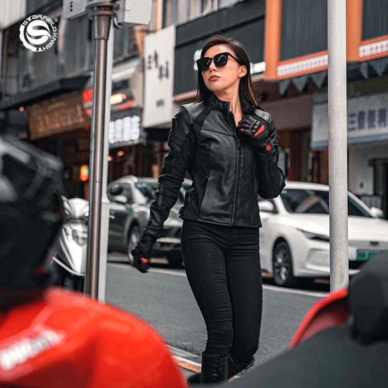 SFK Women's Motorcycle Riding Jacket Slim Fit Genuine Leather Winter Warm Cotton Detachable Liner With CE Protection Accessories