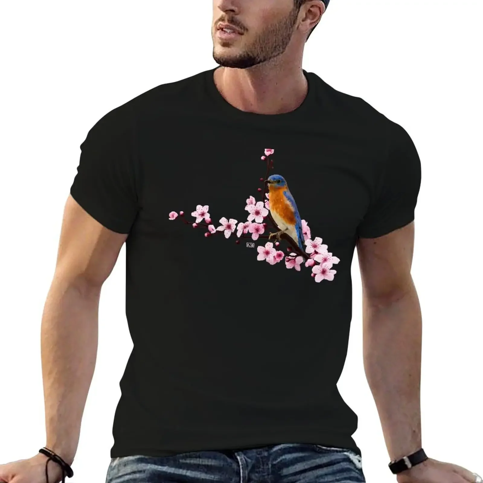 

Eastern Bluebird and Cherry Blossom T-Shirt man t shirt anime stuff customizeds shirts graphic tee men