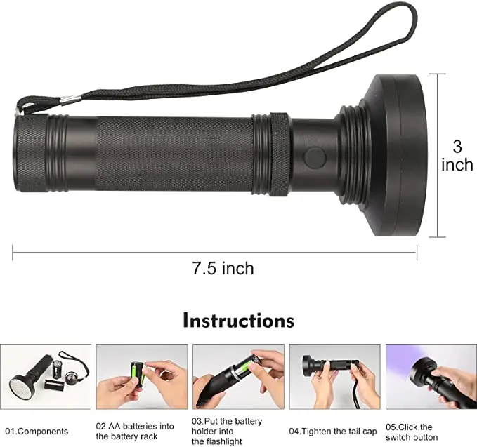 Lampe de poche UV à lumière noire pour la chasse au scorpion, détecteur d\'urine de chiens, déterminer la lampe de poche UV, SAF sec, 395nm