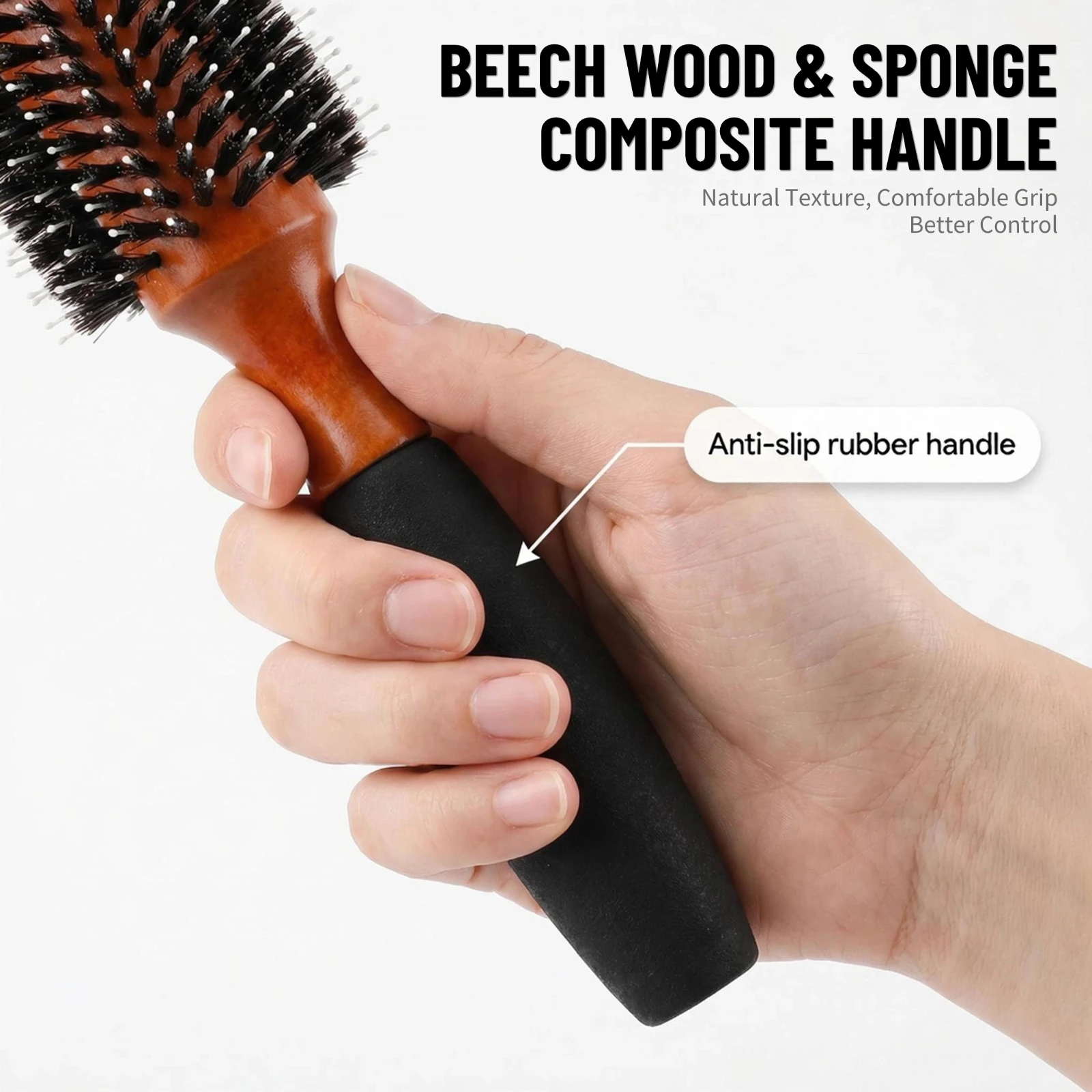 Professionelle Rundbürste mit Wildschweinborsten in 5 Größen, Holzgriff mit Anti-Rutsch-Funktion, für Salon und Zuhause, zum Föhnen, Locken und Volumen-Styling – Detail 9