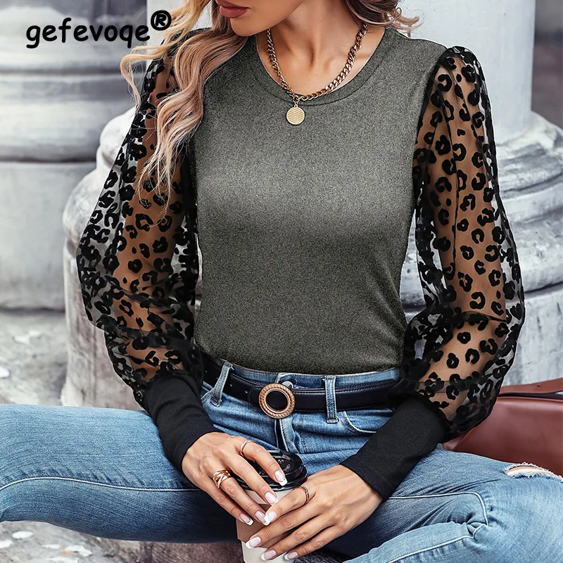 Spring Autumn Round Neck Mesh Jacquard Patchwork Long Sleeve T-shirt Ladies Slim All-match Bottoming Tees Women's Pullover Top