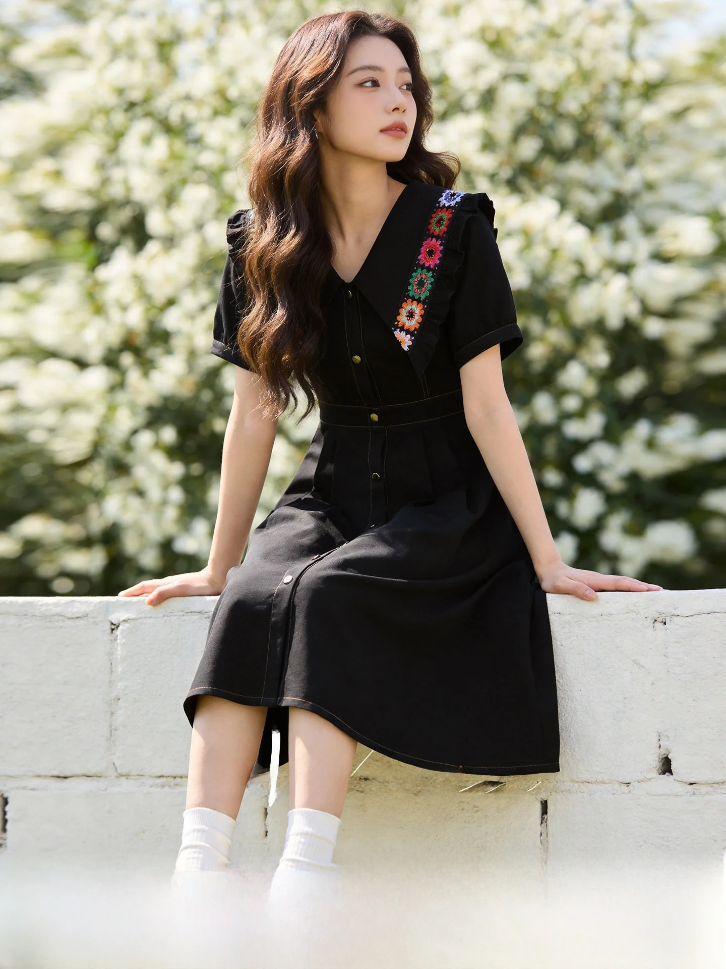 

plus Size Dress Waist Cinched Short Sleeve Vintage Collar Single Button Skirt Casual High Waist Polyester Fiber Bubble Sleeve