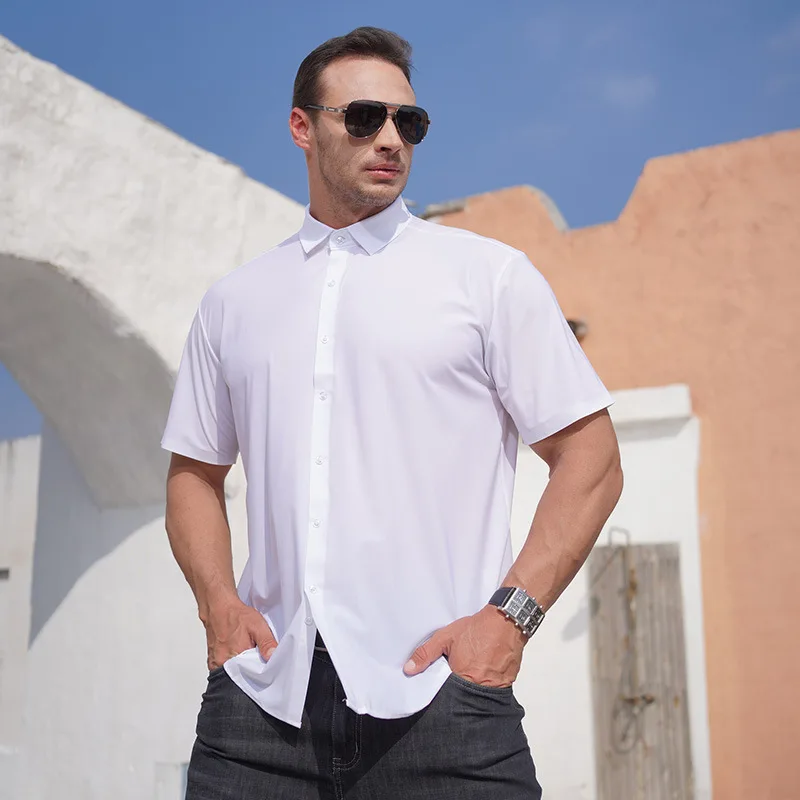 Camisa de talla grande 12XL 160kg de verano para hombre, camisa de seda de hielo sólida, camisas holgadas informales de manga corta, camisas de oficina blancas y negras de gran tamaño