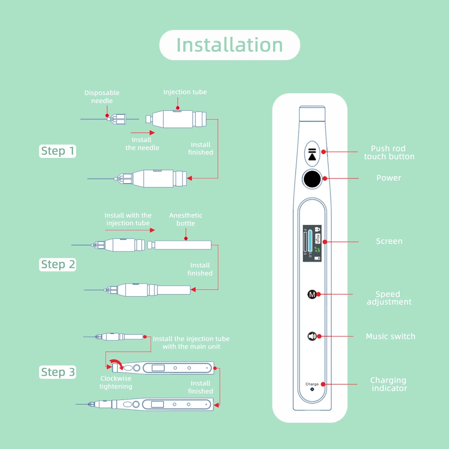 Instrumentos de dentaduras profissionais, indolor, sem fio, injetores de anestesia oral, equipamento com tela lcd de dentaduras