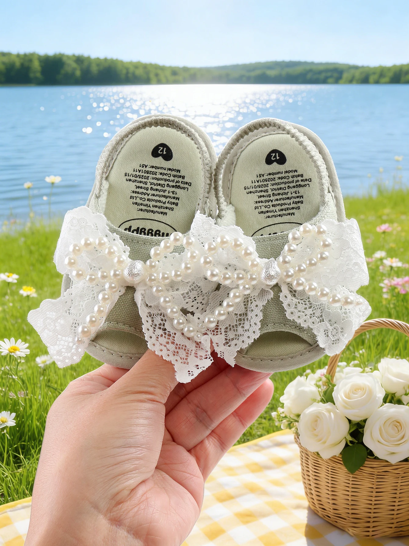 

Summer women's baby green sandals, pearl bow soft soled wedding dress flat shoes, newborn's first step baby shoes
