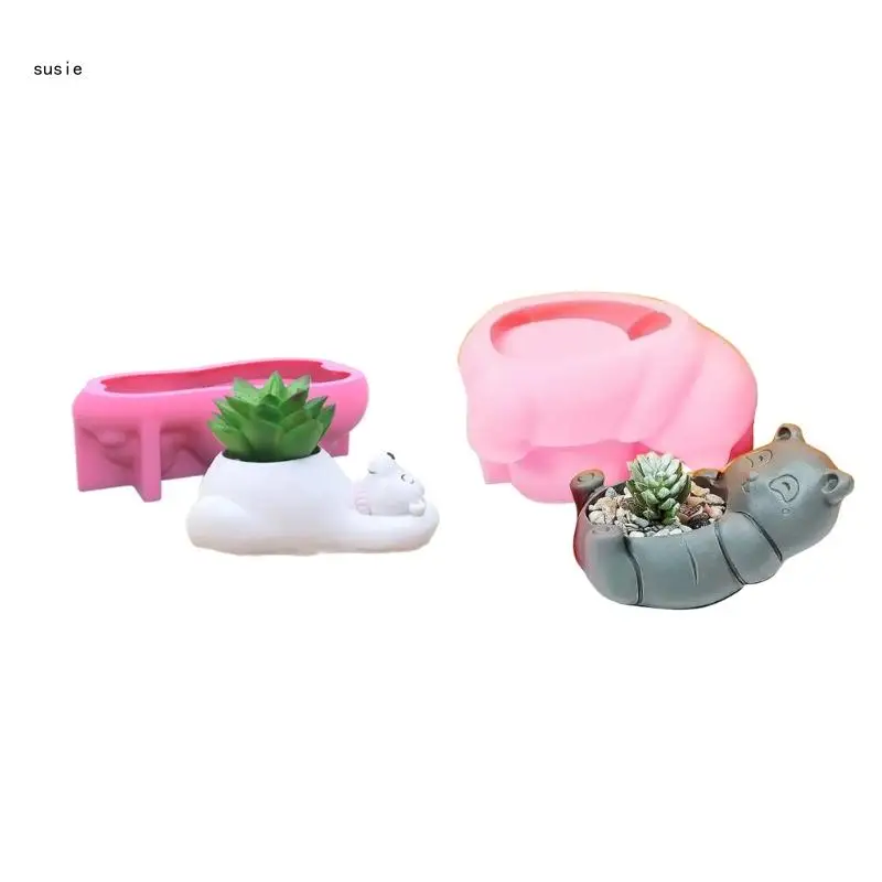 

X7YA Bear Flowerpot Epoxy Resin Mold Succulent Plant Pot Holder Concrete Plaster Silicone Mould DIY Crafts Home Casting