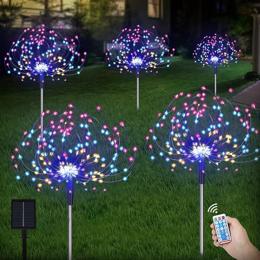 Lightess Fireworks Solar Lights Outdoor with Remote 5 Pack Waterproof Solar Fireworks Lamp, Decorative Solar Garden Stake Lights