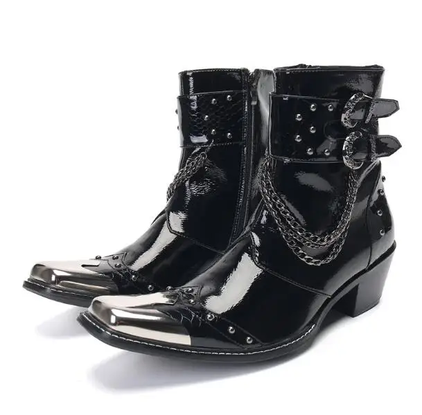 

Black Shiny Patent Leather Square Metal Iron Toe Belt Buckles Rivet 65 mm Heels Ankle Boots Man Height Increasing Boots Shoes