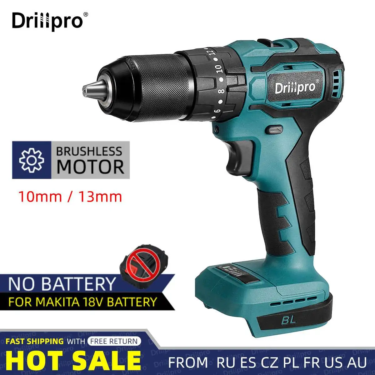 

10mm/13mm 20+3 Torque Brushless Electric Impact Drill Cordless Screwdriver 3 Function Hand Drill Drillpro for Makita 18V Battery