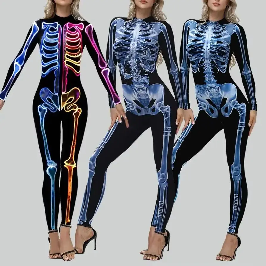

Zawaland рентгеновский скелет, комбинезоны для косплея, женский костюм на Хэллоуин, сексуальное боди из спандекса, фестиваль Дня мертвых, комбинезон