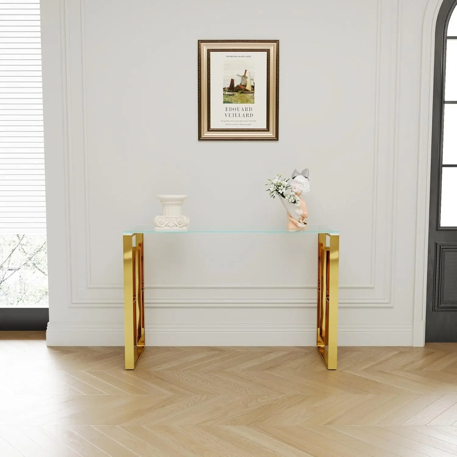 Glass Console Table Metal Frame Tempered Glass Top 47