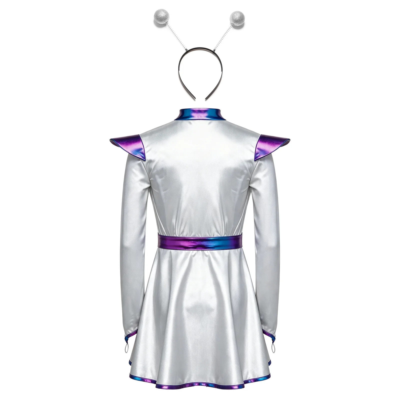 Girls Halloween Alien Costume Girls Alien Galaxy Theme Party Dress Hair Hoop Shiny Metallic Outer Space Robot Masquerade Costume
