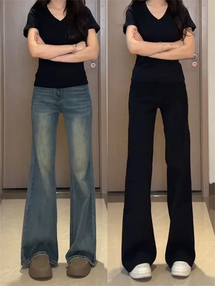 

High Waist Bell Bottom Denim Jeans Women's American Retro Style Loose Fit Jeans for Pear Shaped Body Black plus Size