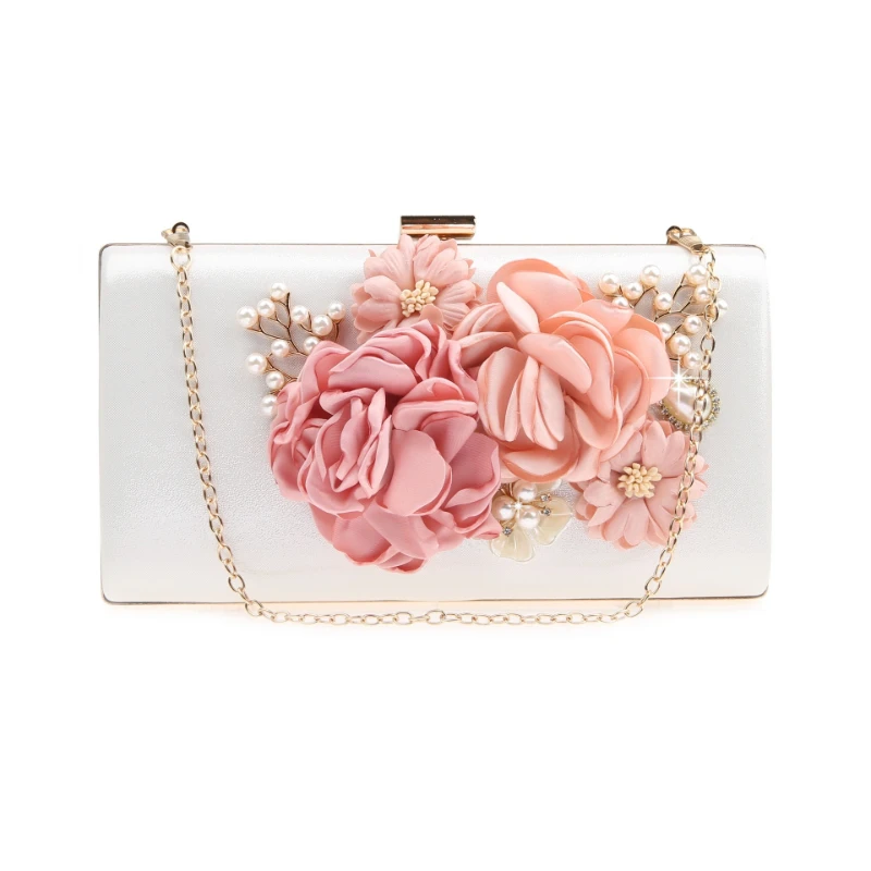White Floral Bridal Wedding Bag 3D Flower Appliques Pearl Hard Case Evening Clutch Elegant Party Box Handbag with Chain Strap