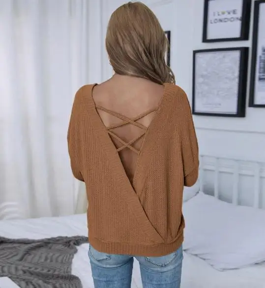 

Spring Women's Loose Casual Sexy Backless Pullover Long Sleeve Waffle T-Shirt Daily Clothing New Style Female Fashion Top