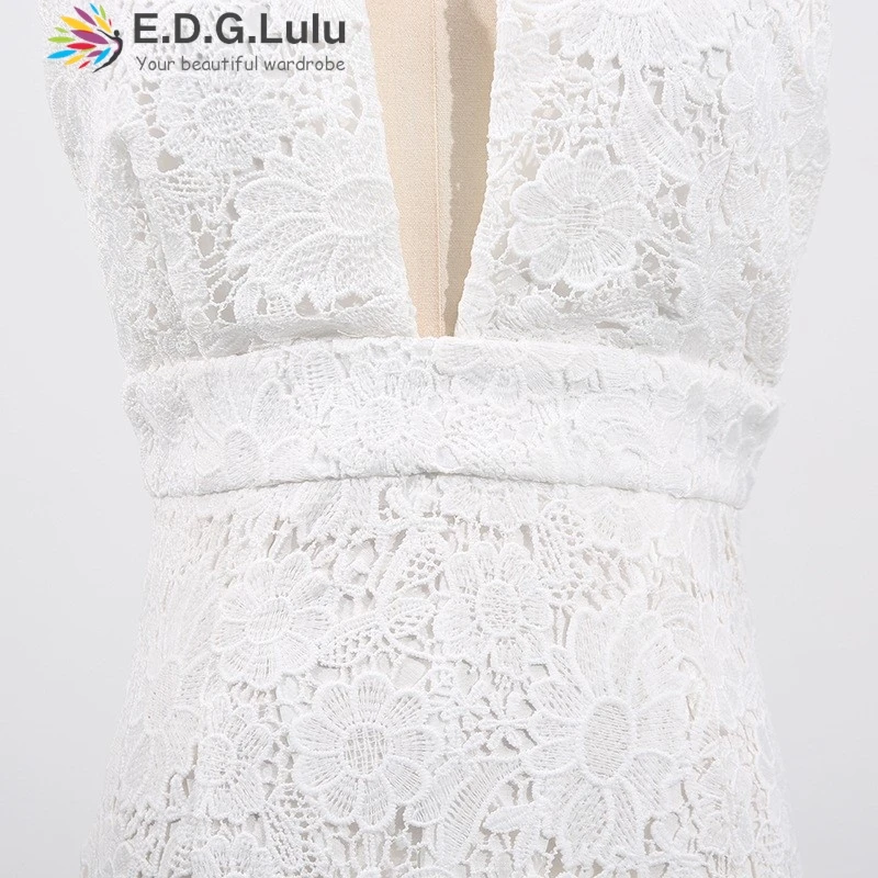 Edglulu oco bordado renda em camadas folha de lótus borda luxo vestido de aniversário mulher com decote em v sem costas festa longo vestido de noite 1013